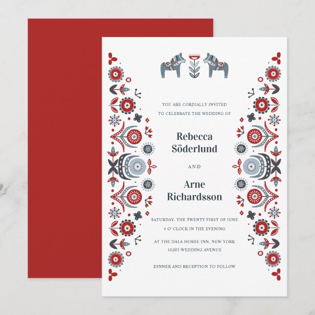 Nordic Folk Art Dala Horse Scandinavian Wedding Invitation (Front/Back)
