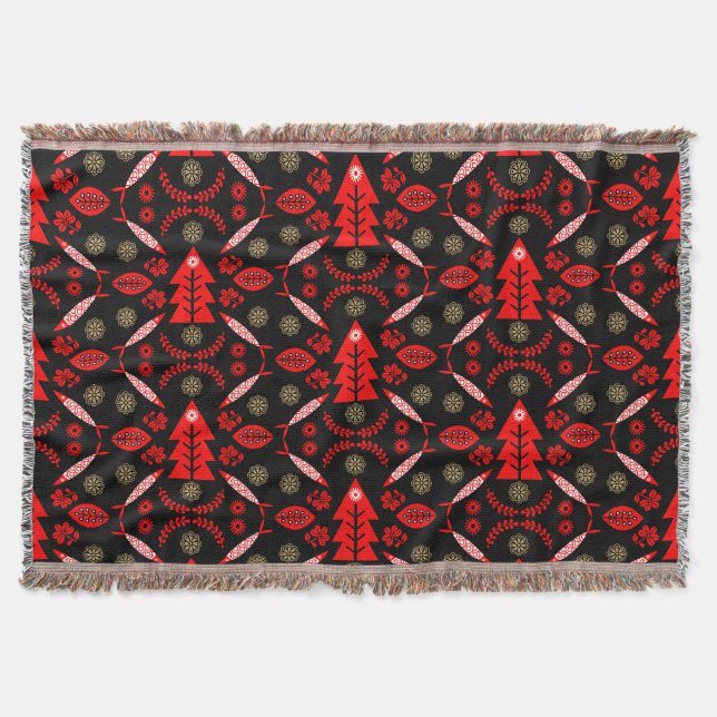 Nordic Folk Art Fish Throw Blanket (Front)