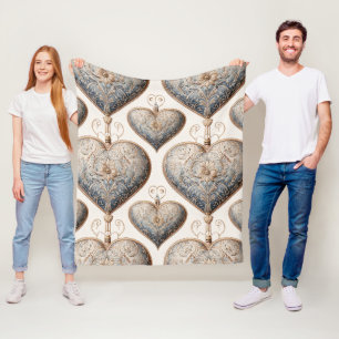 Nordic Folk Art Floral Hearts in Blue and Cream Fleece Blanket