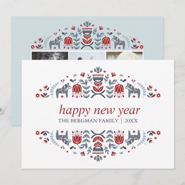 Nordic Folk Art | New Year Christmas 3 Photo Holiday Card (Front/Back)