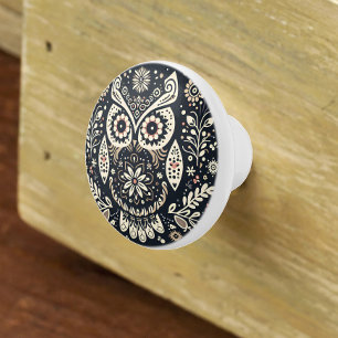 Nordic Folk Art Owl Black Ivory Ceramic Knob