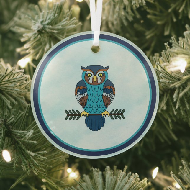 Nordic Folk Art Owl Glass Ornament (Insitu)