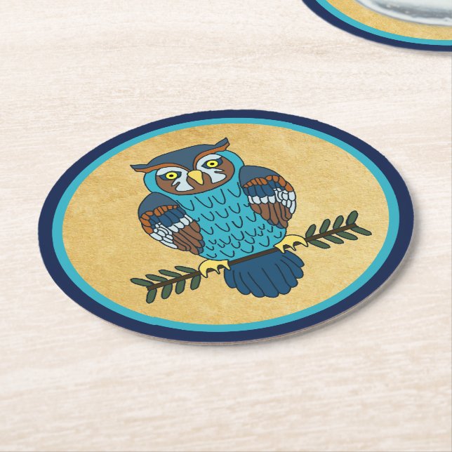 Nordic Folk Art Owl Round Paper Coaster (Angled)