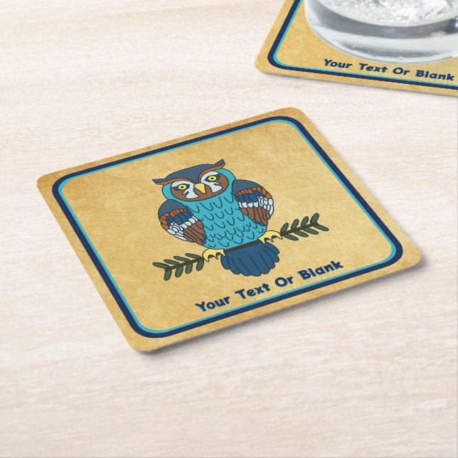 Nordic Folk Art Owl Square Paper Coaster (Angled)