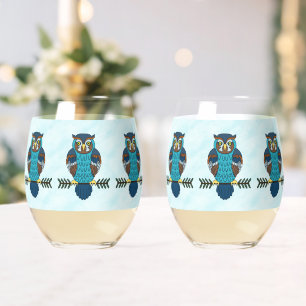 Nordic Folk Art Owl Stemless Wine Glass