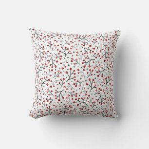 Nordic Folk Art Red Blue Berries and Branches Throw Pillow
