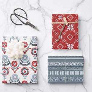 Nordic Folk Art Red Blue Flowers scandindavian Wrapping Paper Sheet