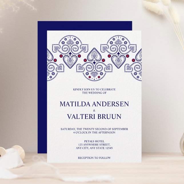 Nordic Folk Art Scandinavian Navy Red Wedding Invitation (Creator Uploaded)