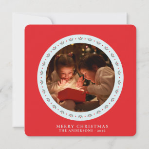 Nordic Folk Floral Red 2 Photo Square Christmas  Holiday Card