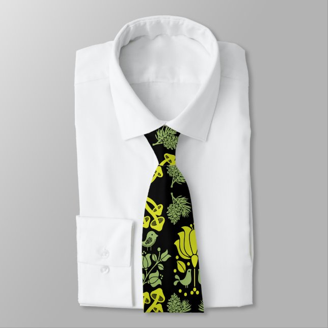 Nordic Forest Mushroom Folk Art Tie (Tied)