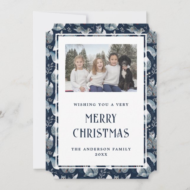 Nordic Fox Blue Photo Joyeuse carte de Noël (Devant)