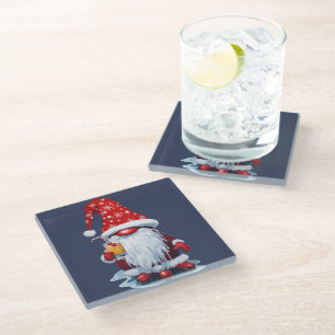 Nordic Gnome Holding A Candy Cane Cocktail Glass Coaster