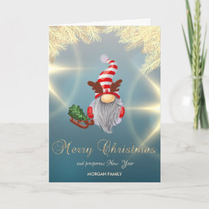 Nordic Gnome Sleigh Gold Pine Tree Branches   Holiday Card