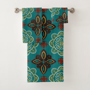 Nordic Gold Teal Scandinavian Graphic Bath Towel Set