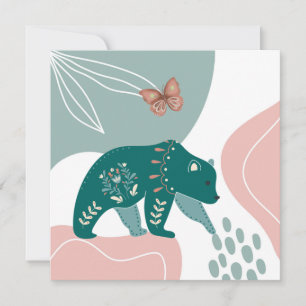 Nordic Green Bear and Brown Butterfly Card
