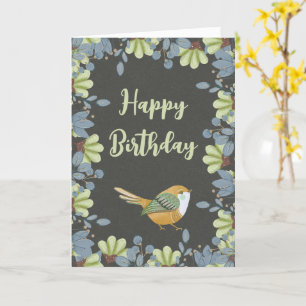 Nordic Green Bird Floral Watercolor Birthday Card