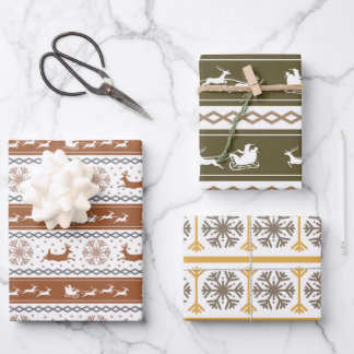 Nordic Green, Red, and Grey Snowflakes and Deers Wrapping Paper Sheet