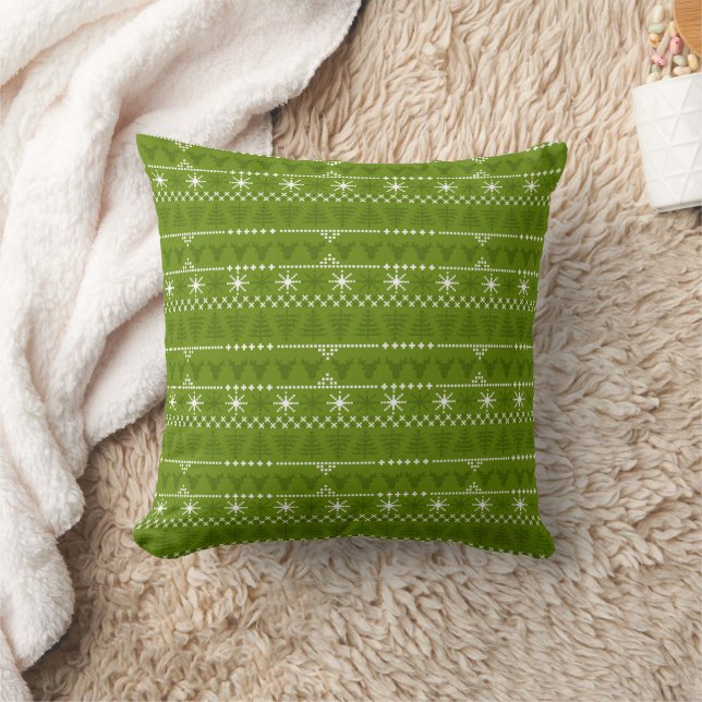 Nordic Green Trees and Stars Pattern  Throw Pillow (Blanket)