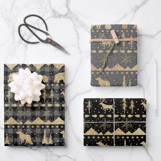 Nordic Grey Buffalo Plaid Gold Winter Animals Wrapping Paper Sheet (Front)