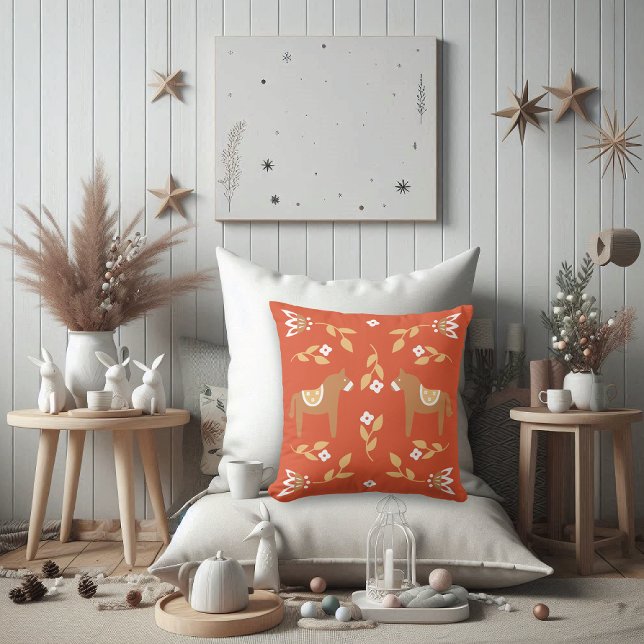 Nordic Horses Floral Folk Art Throw Pillow (Creator Uploaded)