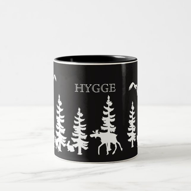 Nordic Hygge with forest silhouettes black white Two-Tone Coffee Mug (Center)