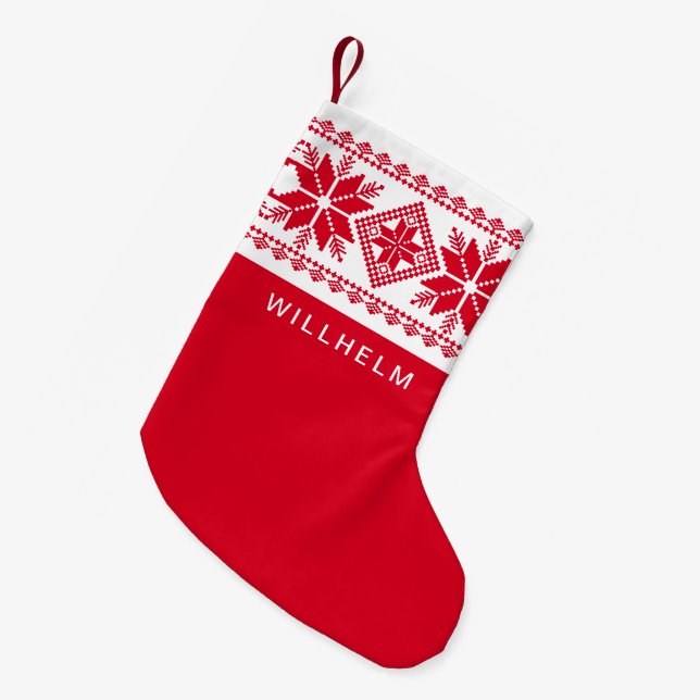 Nordic Inspired Snowflake Pattern Red White Small Christmas Stocking (Front (Hanging))