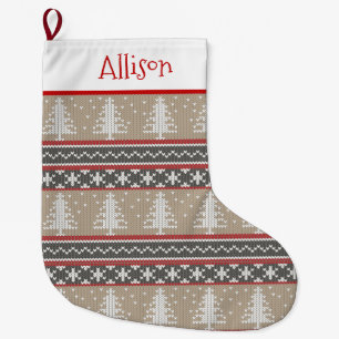 Nordic Knit Christmas Pattern   Tan and Red Large Large Christmas Stocking