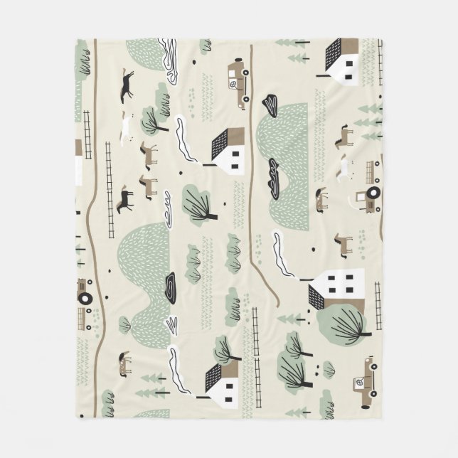 Nordic Landscape: Colourful Houses Trees Pattern Fleece Blanket (Front)