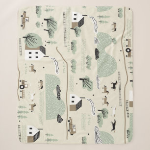 Nordic Landscape: Colourful Houses Trees Pattern Sherpa Blanket