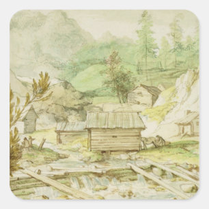 Nordic Landscape with Wooden Hut and Weir Square Sticker