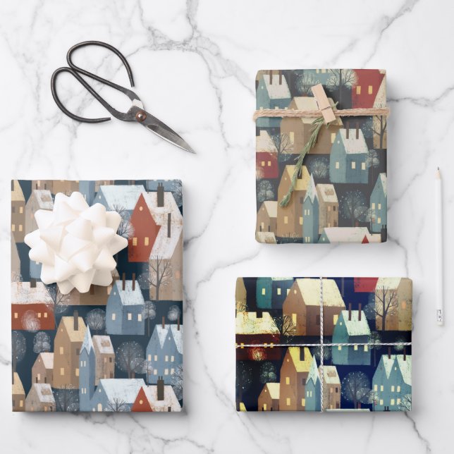 Nordic Modern Winter Town Cozy Houses Pattern Blue Wrapping Paper Sheet (Front)