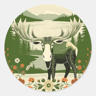 Nordic Moose with Floral Patterns Classic Round Sticker