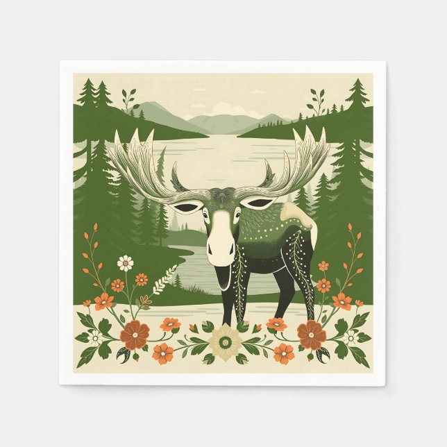 Nordic Moose with Floral Patterns Napkin (Front)