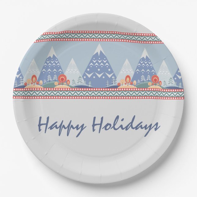 Nordic Mountain Scene Customizable Holiday Paper Plate (Front)