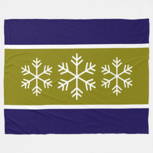 Nordic Olive Navy Blue Stripes White Snowflakes Fleece Blanket