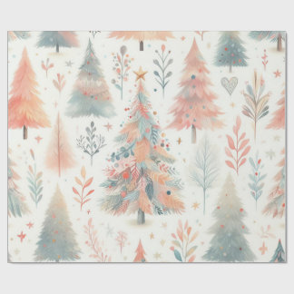 Nordic Pastel Pink and Green Christmas Tree Wrapping Paper