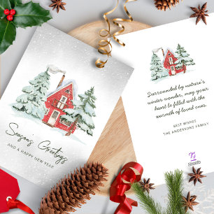 Nordic Pine Forest Watercolor Red Barn Christmas Holiday Card