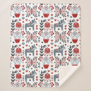 Nordic Pony and Floral Pattern in Grey and Red Sherpa Blanket