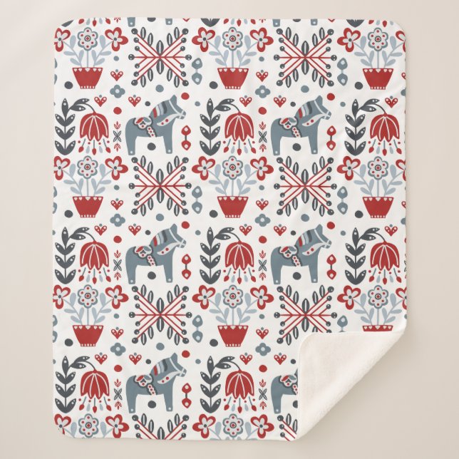 Nordic Pony and Floral Pattern in Grey and Red Sherpa Blanket (Front)