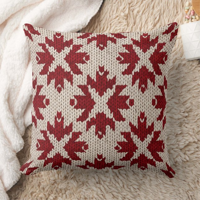 Nordic Red and White Knit Pattern – Classic Winter Throw Pillow (Blanket)