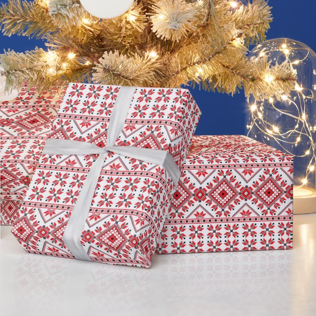 Nordic Red Black White Fair Isle Art Pattern Wrapping Paper (Holidays)