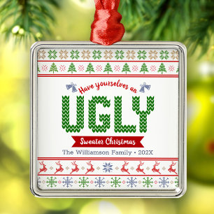 Nordic Red Green Knit Ugly Sweater Christmas Tacky Metal Ornament