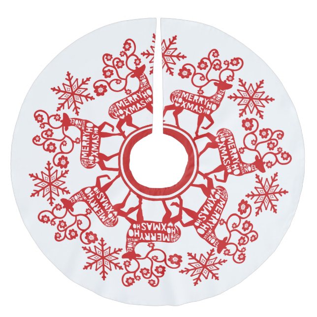 Nordic Red Reindeer and Snowflake Christmas Brushed Polyester Tree Skirt (Front)