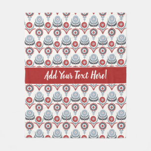 Nordic Red White Blue Charcoal Gray Flowers Fleece Blanket