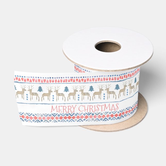 Nordic Reindeer Fairisle Merry Christmas Satin Ribbon (Spool)