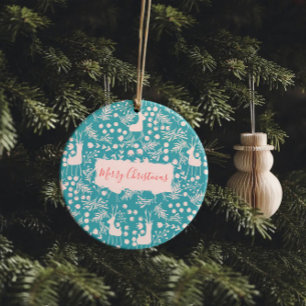 Nordic Reindeer Floral   Blush on Teal Christmas  Ceramic Ornament
