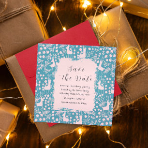 Nordic Reindeer Floral Blush on Teal Christmas Save The Date