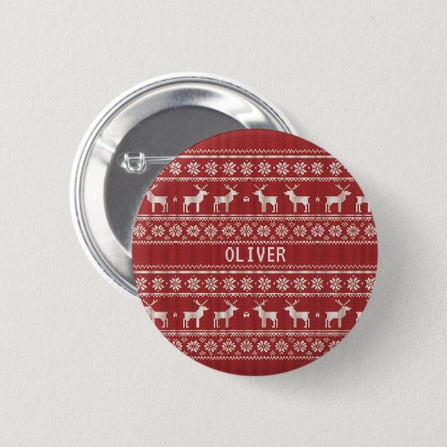 Nordic Reindeer Knit Pattern Personalized  2 Inch Round Button (Front & Back)