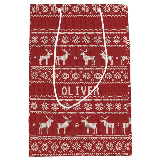 Nordic Reindeer Knit Pattern Personalized Medium Gift Bag (Front)