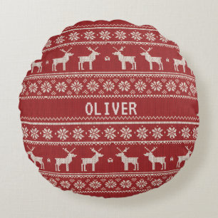 Nordic Reindeer Knit Pattern Personalized Round Pillow